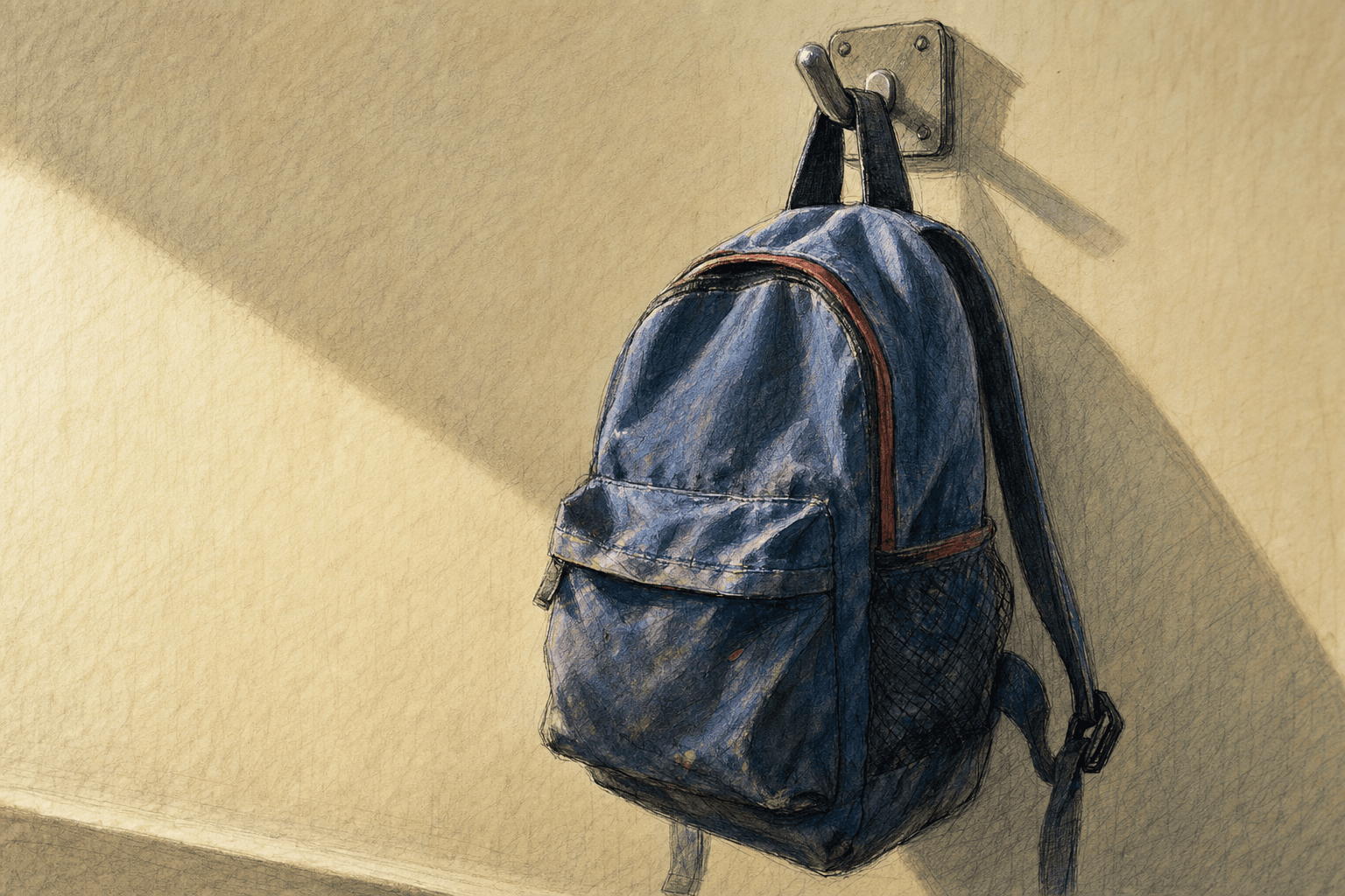 A hand-drawn editorial sketch of a child-sized backpack hanging alone on a plain metal hook, seen close up from slightly below.