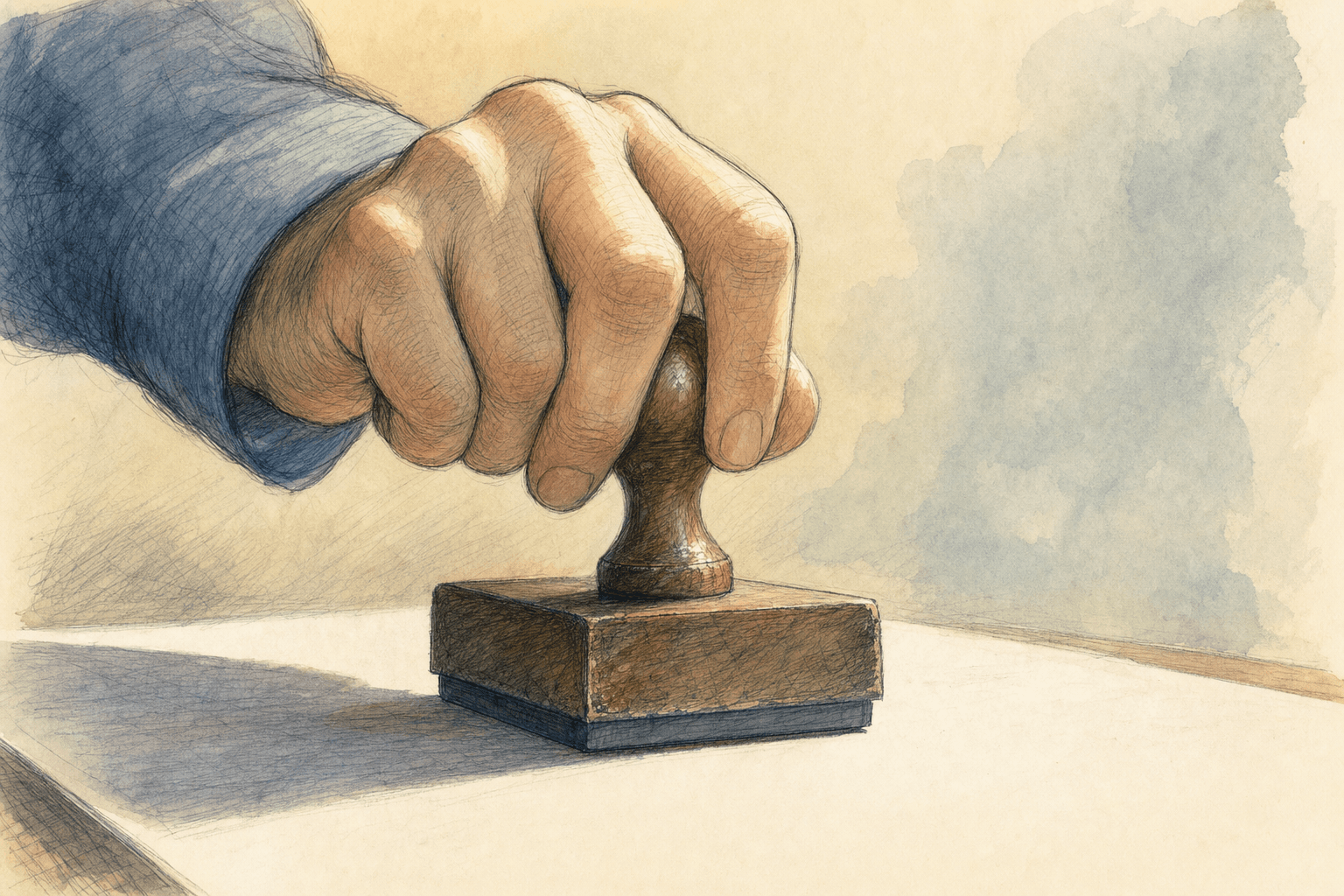 A hand-drawn editorial sketch of a single anonymous hand pressing a rubber stamp down onto a blank surface, seen close up from a low side angle.