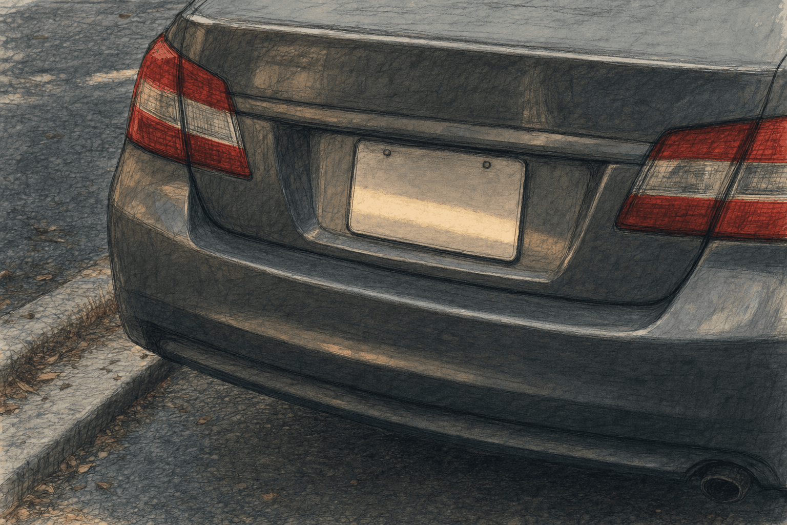 A hand-drawn editorial sketch of the rear bumper and license plate area of an ordinary parked car, cropped close from behind so the plate itself is…