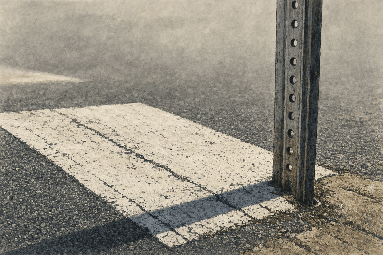 A hand-drawn editorial sketch of a painted white crosswalk stripe on worn asphalt, seen close up at a low angle, with the base of an anonymous metal…