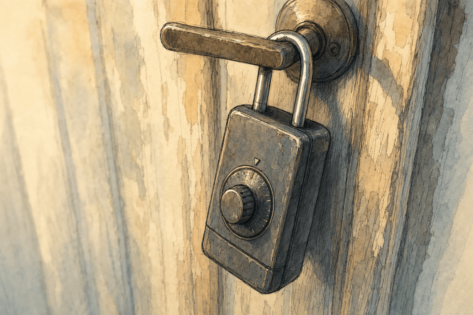 A hand-drawn editorial sketch of a lockbox hanging from a plain door handle, seen close up from a slight angle, its dial worn and its shackle…