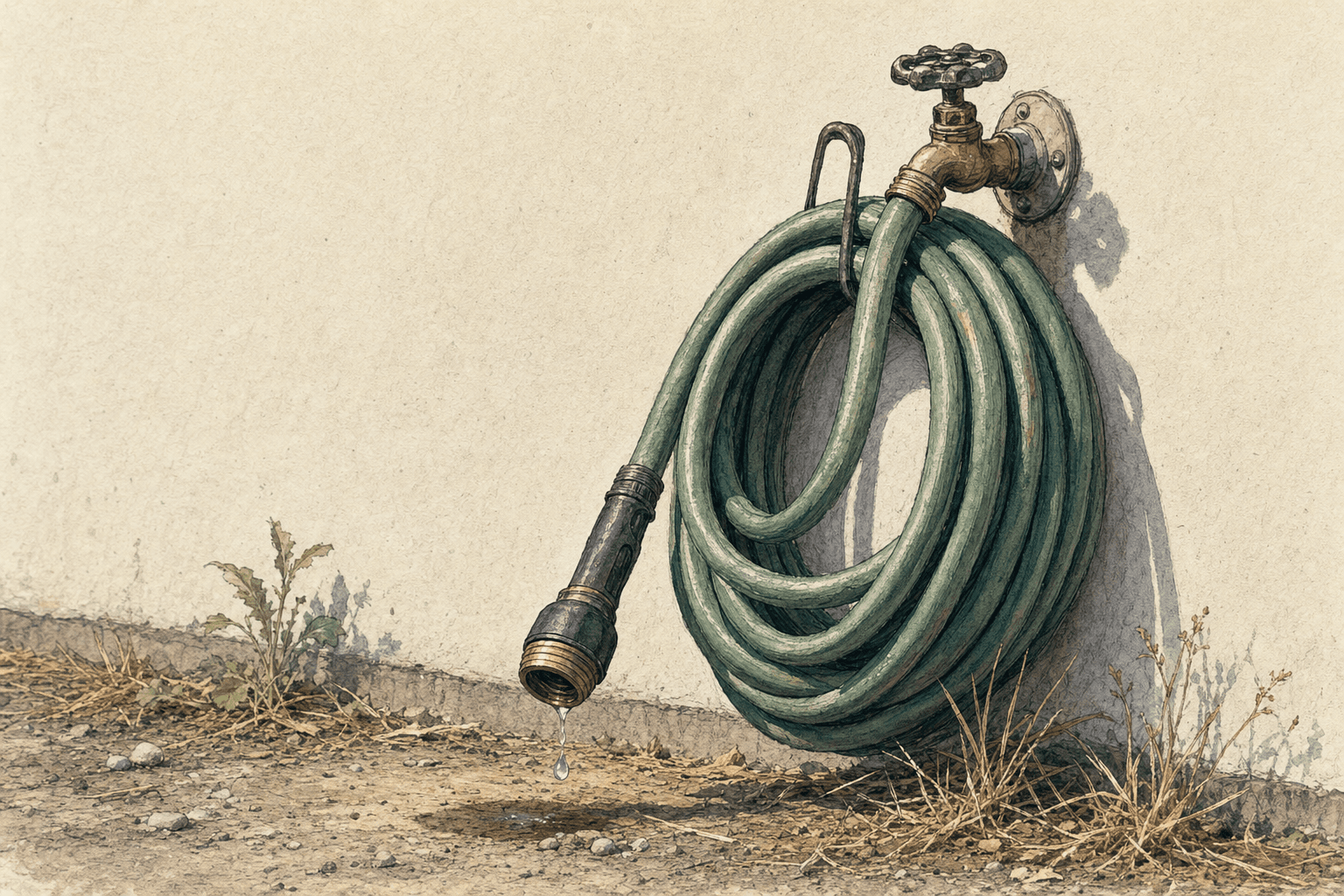 A hand-drawn editorial sketch of a coiled garden hose and a shut-off spigot on a plain exterior wall, seen close up in flat afternoon light.