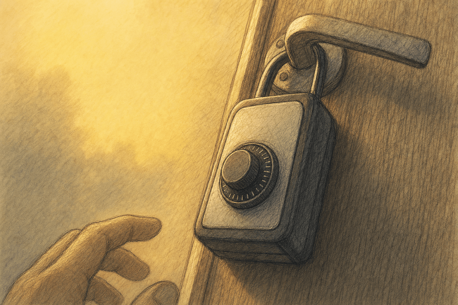 A hand-drawn editorial sketch of a lockbox hanging from a plain door handle, seen close up from a low angle with the numbered dial facing the viewer…