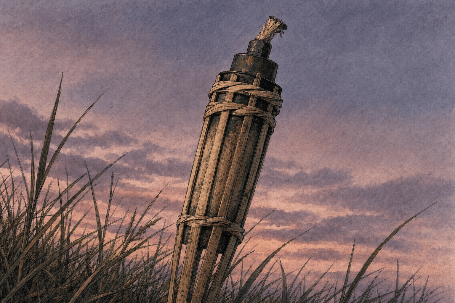 A hand-drawn editorial sketch of a single bamboo tiki torch, unlit, leaning slightly in coarse shoreline grass, seen close up from below against a…