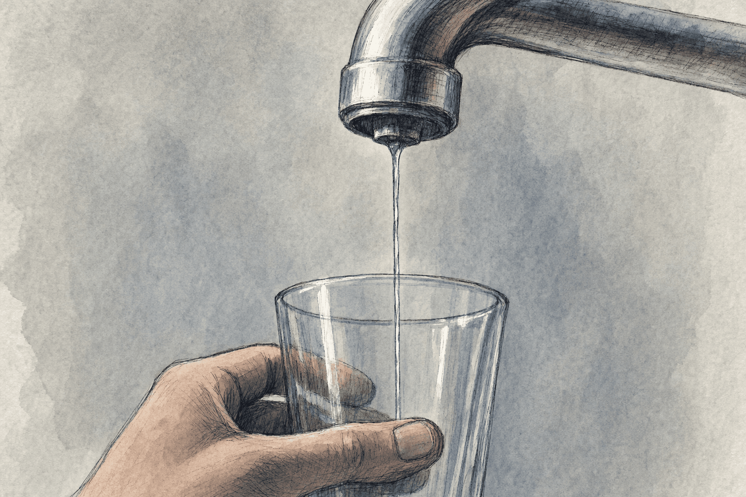 A hand-drawn editorial sketch of a kitchen faucet with a single unbroken thread of water falling from it into an empty glass held just below by an…