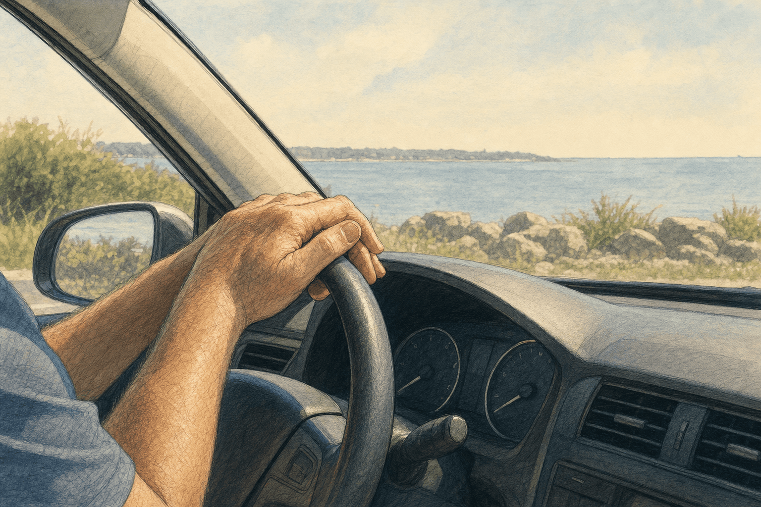 A hand-drawn editorial sketch of a driver's hands resting on the top of a steering wheel while stopped, seen from the passenger side inside an…