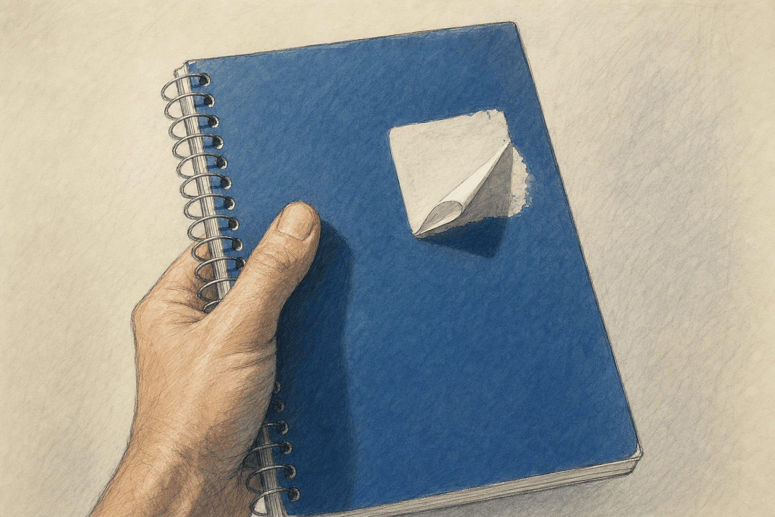 A hand-drawn editorial sketch of a single new one-subject notebook with a price sticker peeled halfway off its cover, held in an anonymous hand…