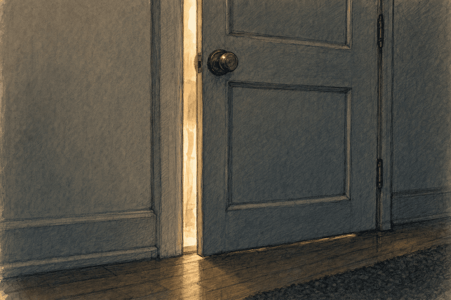 A hand-drawn editorial sketch of a plain interior door pulled almost shut, seen close up from the hallway side, with a narrow band of light escaping…