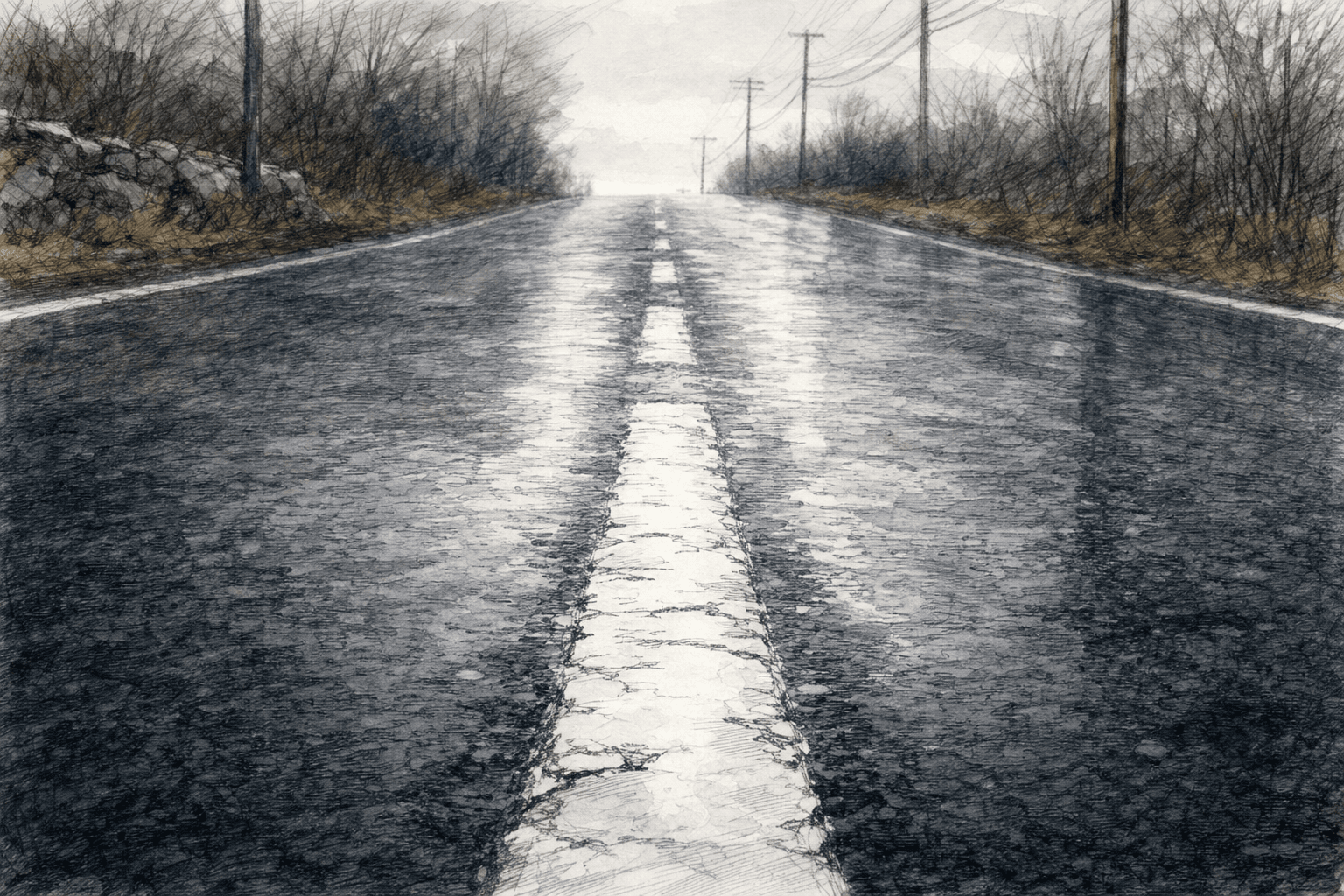 A hand-drawn editorial sketch of a dashed white center line on wet asphalt, seen close up at a low angle from the middle of an anonymous two-lane…