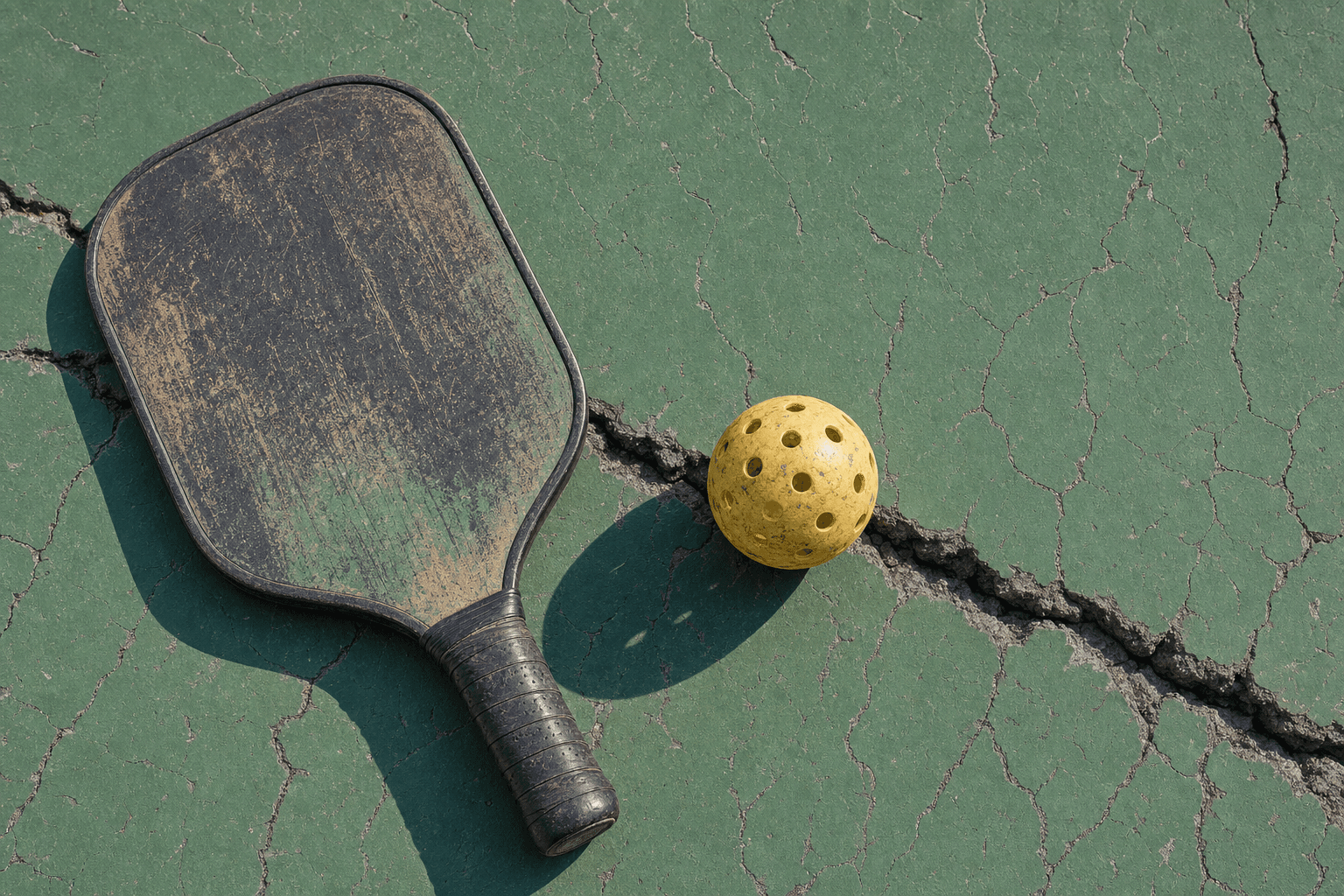 A hand-drawn editorial sketch of a worn pickleball paddle and a scuffed plastic ball resting on cracked green court paint, seen close up from…