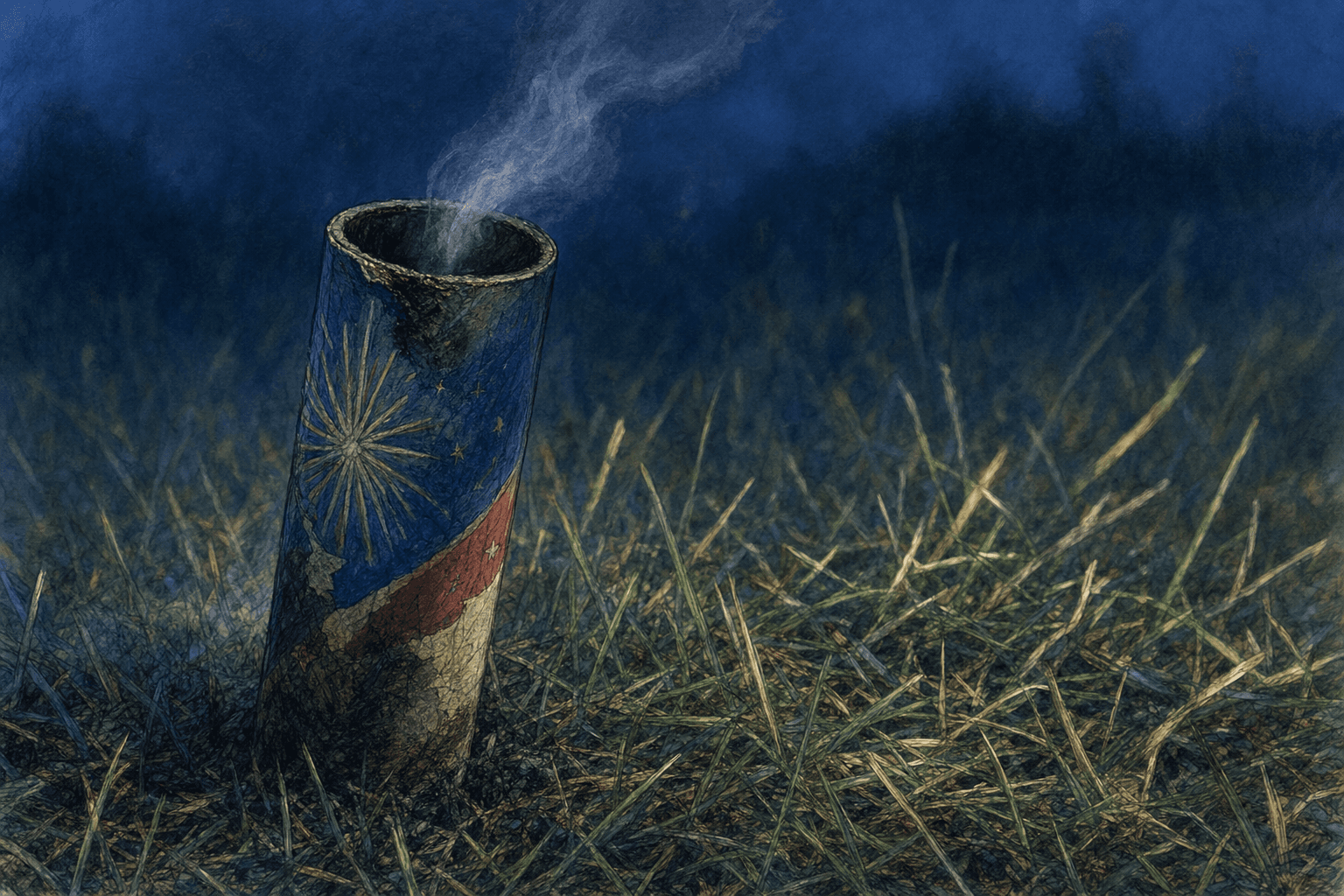 A hand-drawn editorial sketch of a single spent firework mortar tube standing upright in trampled grass, seen close up from a low angle with faint…
