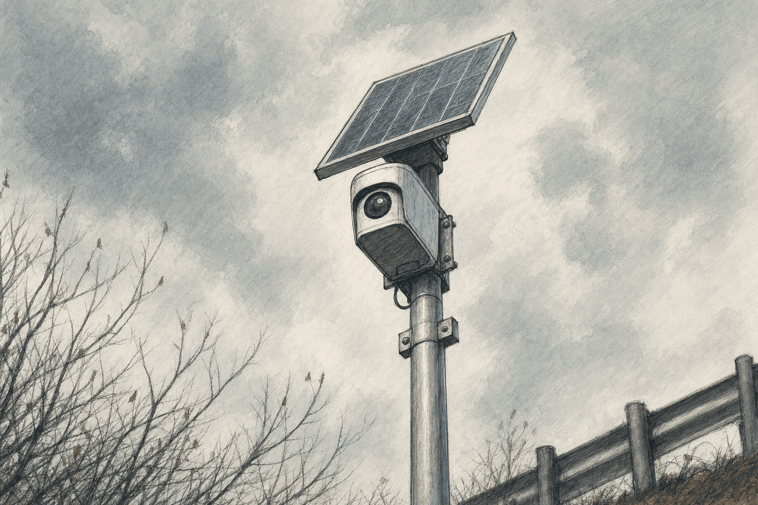 A hand-drawn editorial sketch of a small pole-mounted camera unit on a slim metal post at the edge of a road, seen close up from below against an…