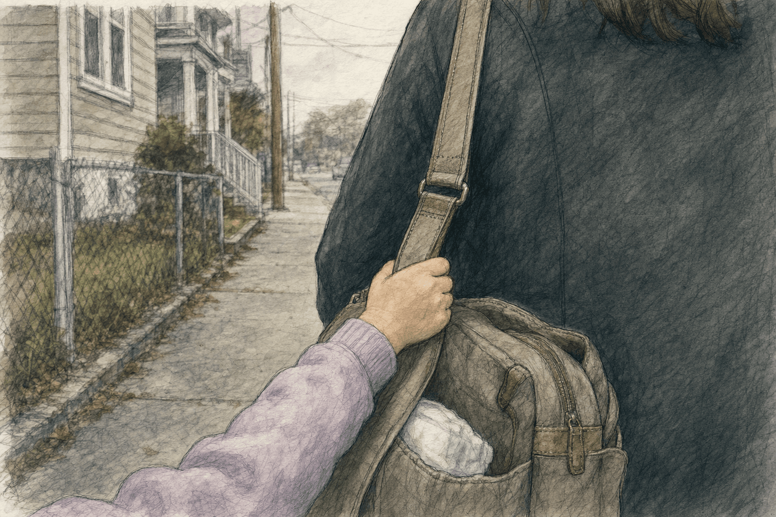 A hand-drawn editorial sketch of a child's small hand gripping the strap of a worn diaper bag slung over an adult's shoulder, seen close up from…