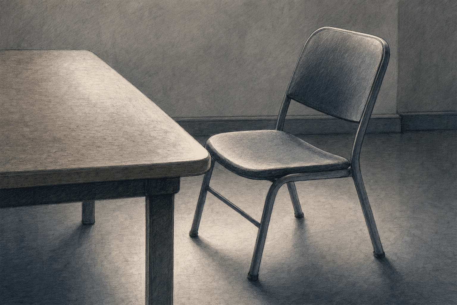 A hand-drawn editorial sketch of an empty stacking chair pushed slightly back from the edge of a plain table, seen close up from a low side angle in…