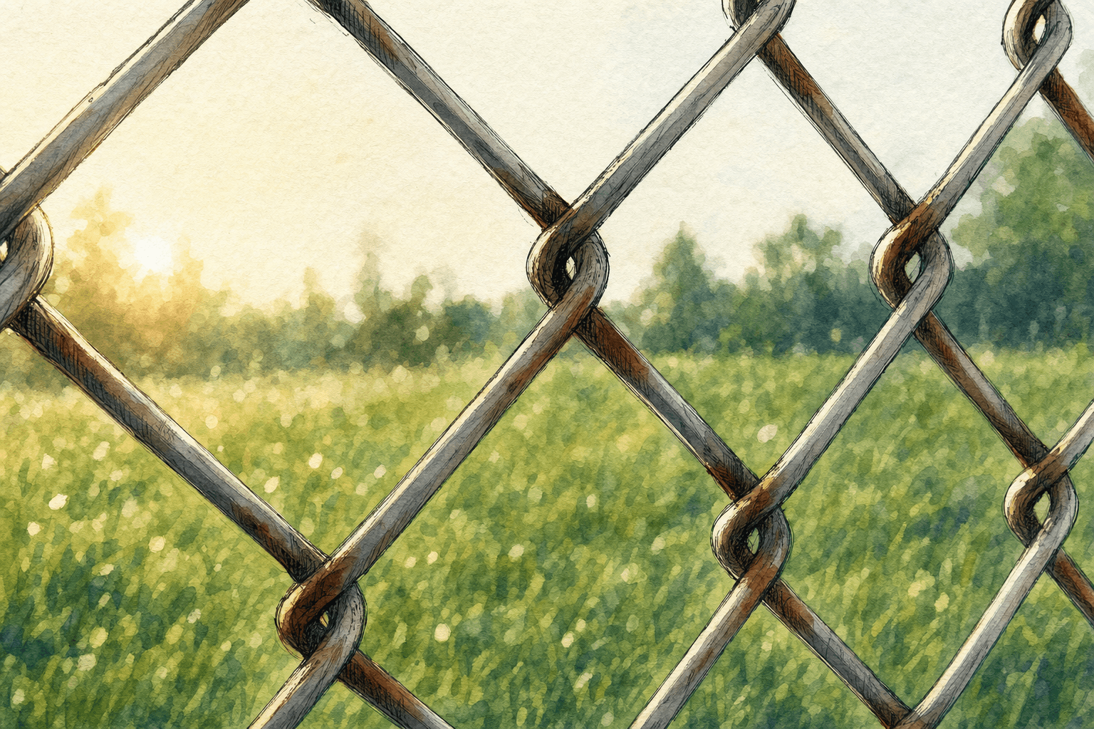 A hand-drawn editorial sketch of a chain-link fence seen close up from an inch away, its diamond mesh filling most of the frame with a soft,…