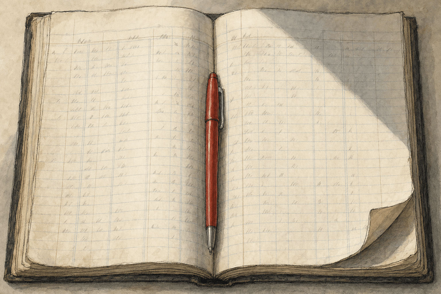 A hand-drawn editorial sketch of a red ballpoint pen resting in the gutter of an open ledger book, its ruled columns filled with faint…