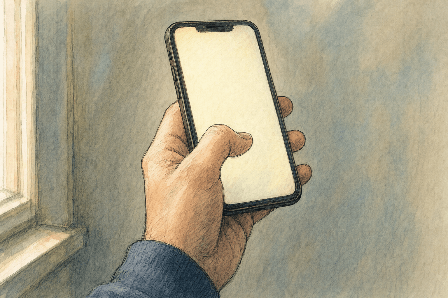 A hand-drawn editorial sketch of a single anonymous hand holding a phone at chest height, the screen turned away from the viewer and showing only a…