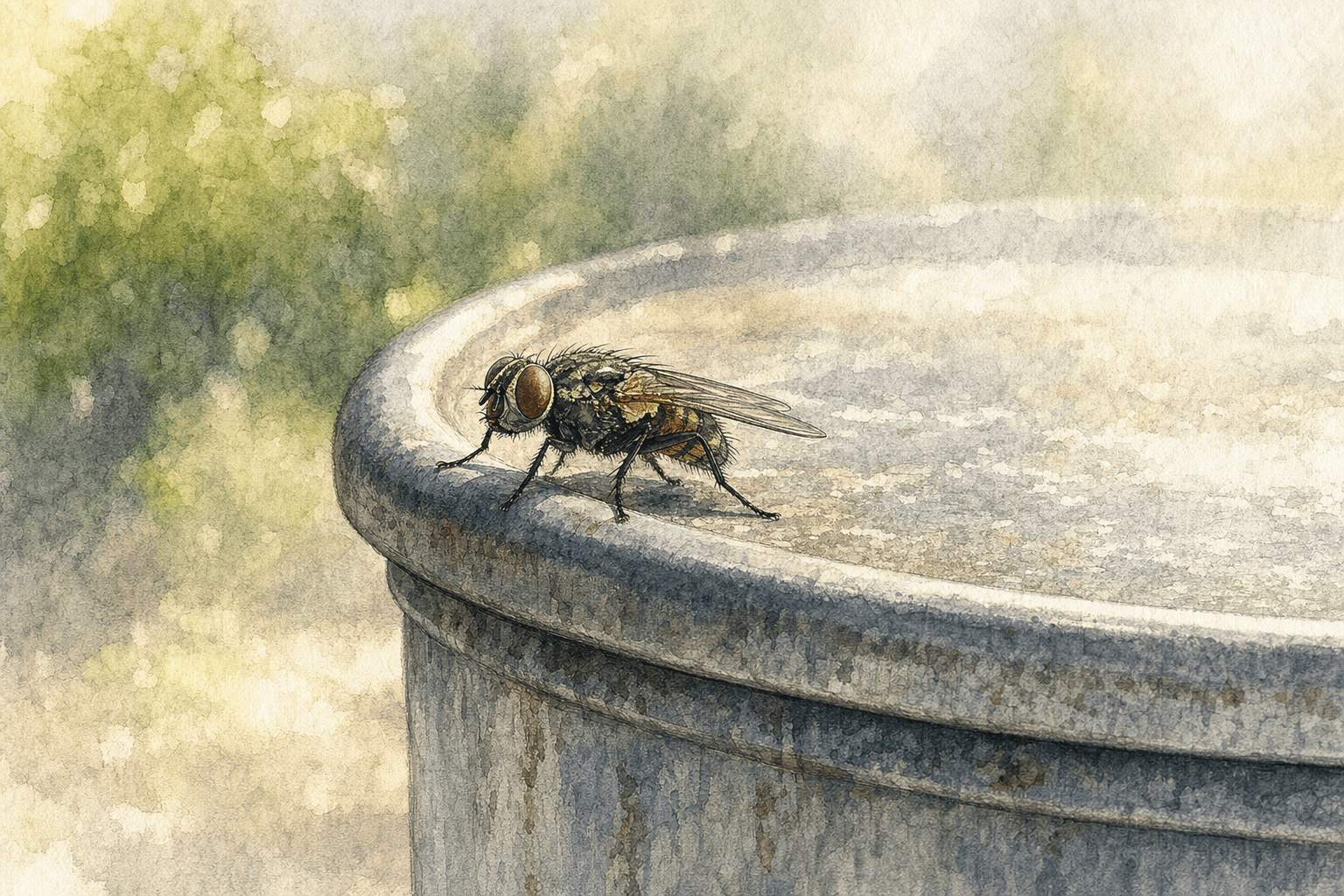 A hand-drawn editorial sketch of a lone housefly resting on the rolled steel lip of a closed metal container lid, seen extremely close up from a low…