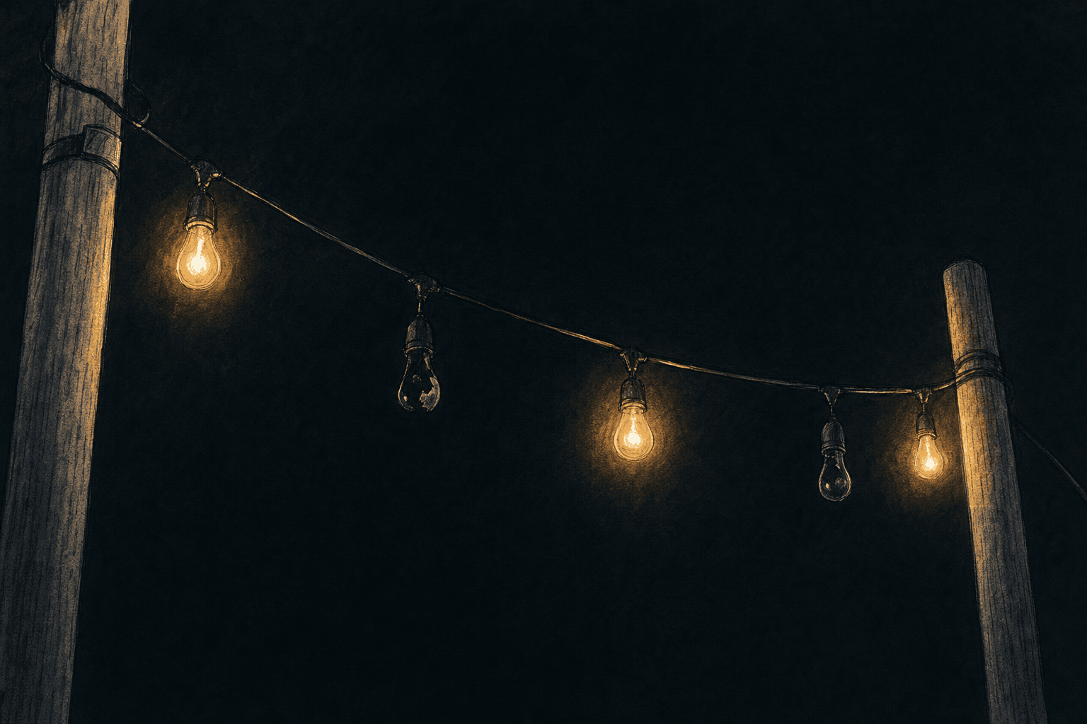 A hand-drawn editorial sketch of a strand of small festival string lights sagging between two anonymous poles against a dark night sky, seen close…