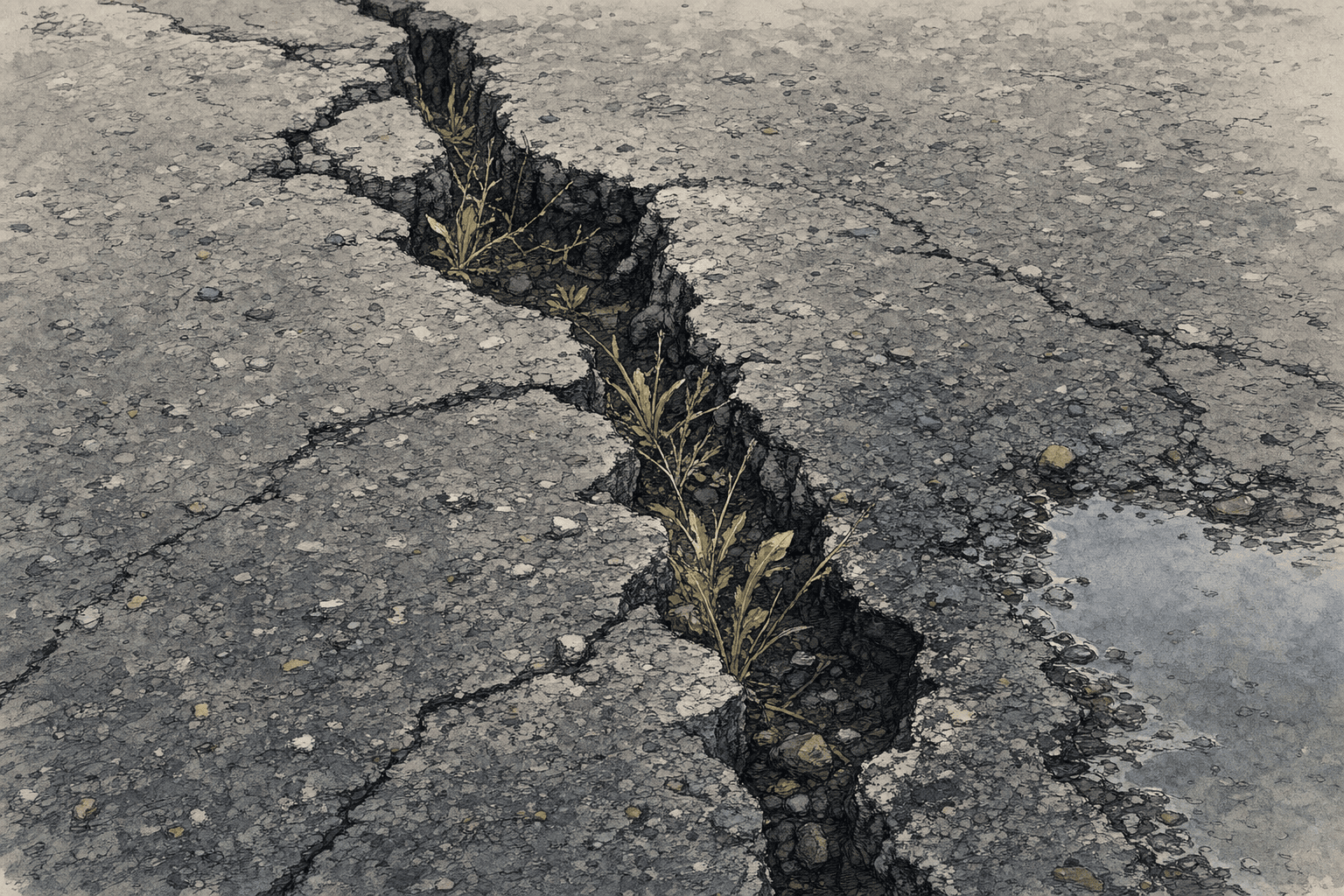 A hand-drawn editorial sketch of a deep crack running through worn asphalt, seen extremely close up from just above the pavement so the broken edges…