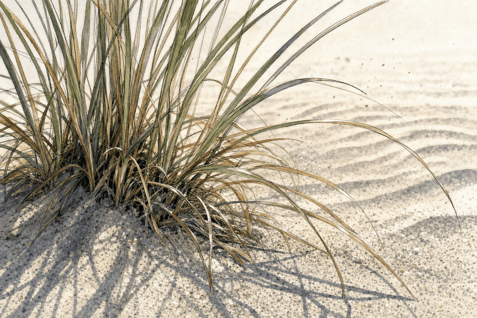 A hand-drawn editorial sketch of a single clump of beach grass rooted in loose sand, seen extremely close from just above ground level so the blades…