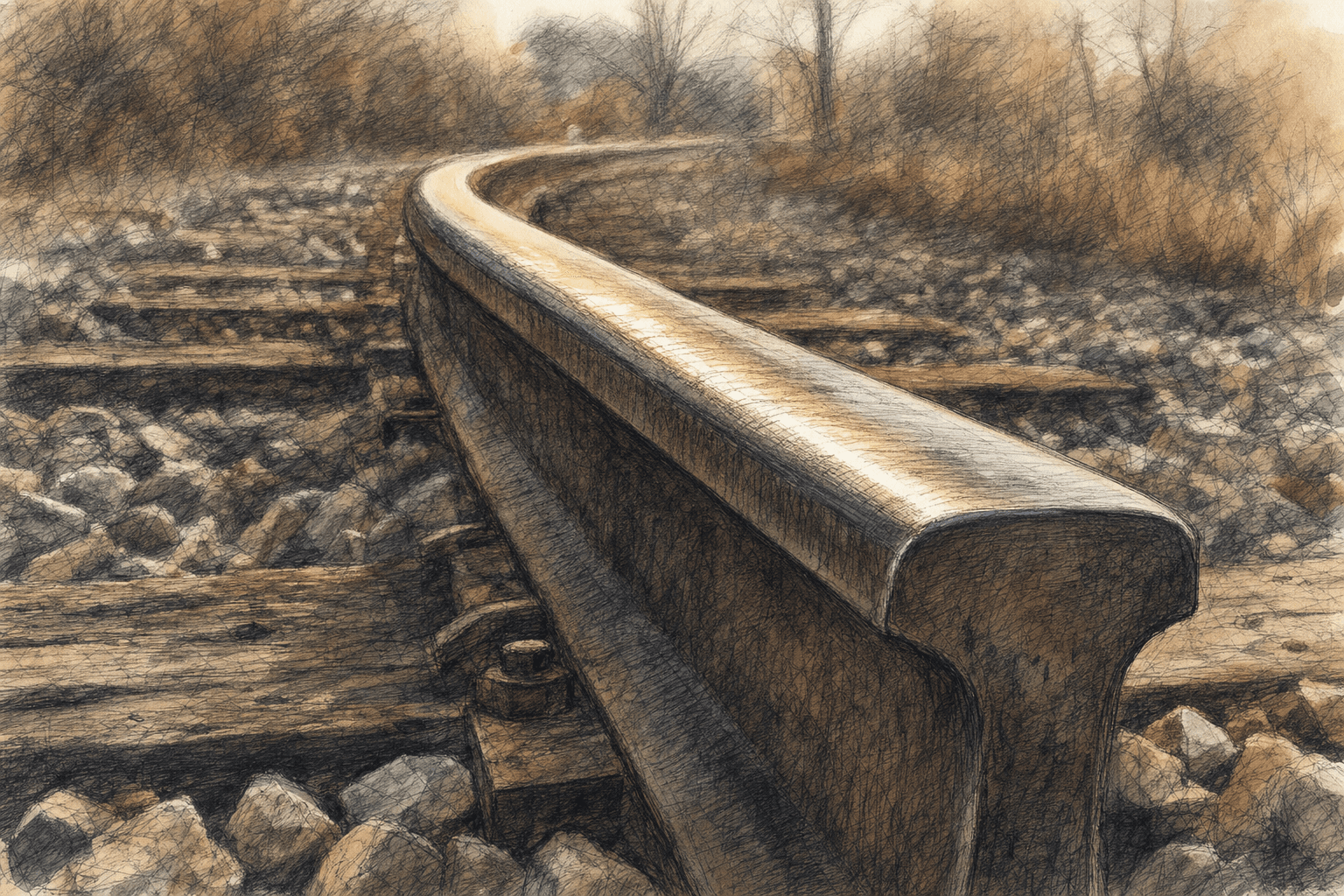 A hand-drawn editorial sketch of a single curved section of railroad rail seen extremely close up from track level, the polished steel head of the…
