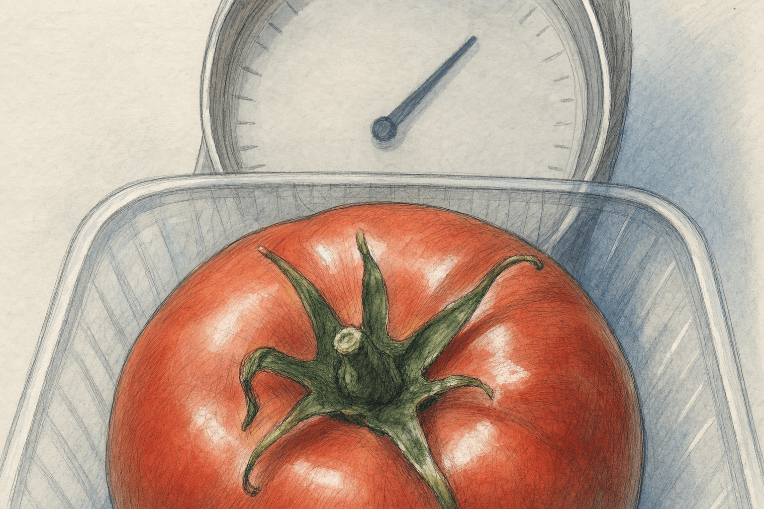 A hand-drawn editorial sketch of a single ripe tomato resting in the shallow plastic basket of an anonymous grocery scale, seen extremely close from…