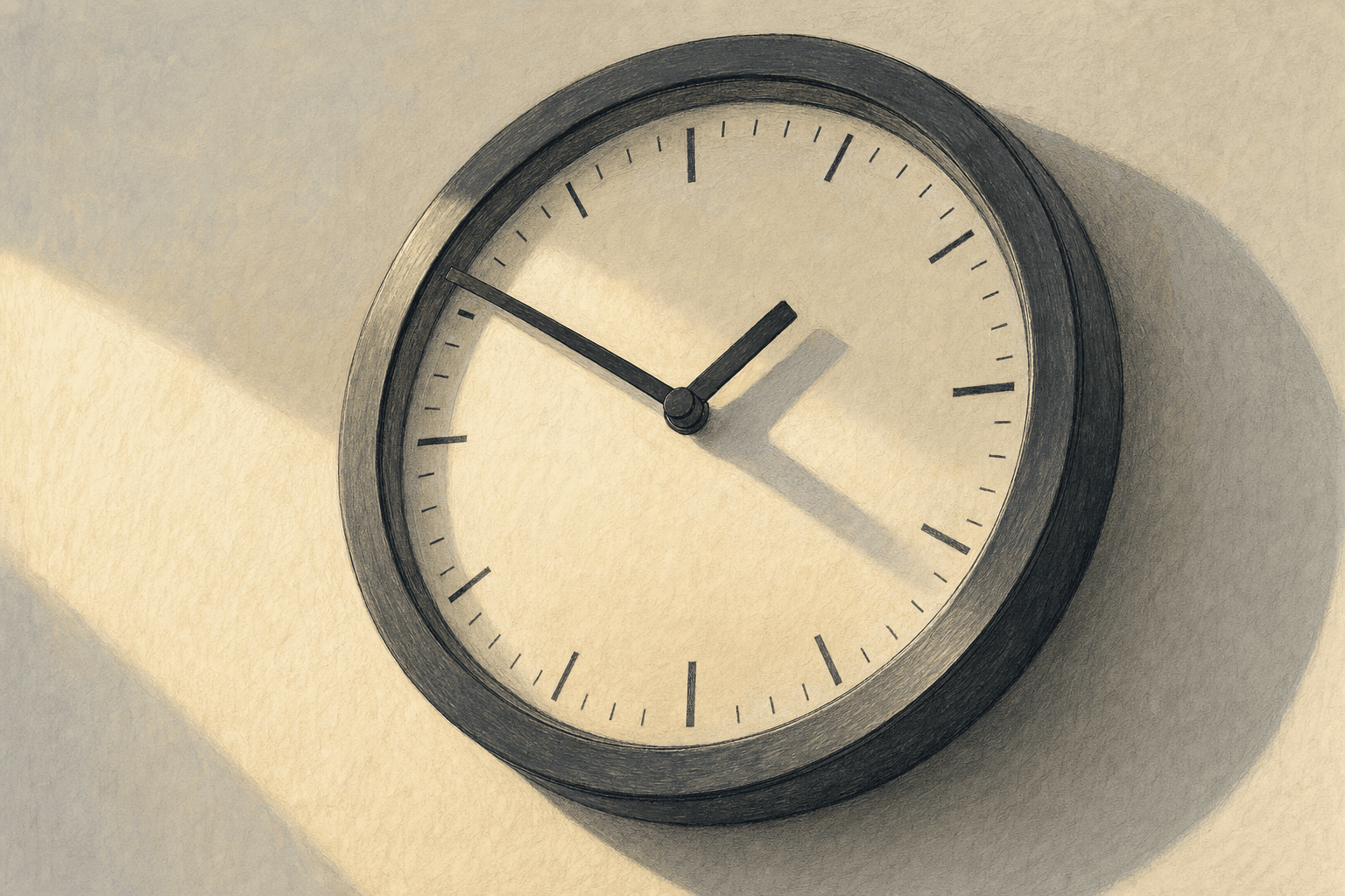 A hand-drawn editorial sketch of a wall-mounted analog clock with plain black hands and no numerals, seen close up and slightly from below against a…