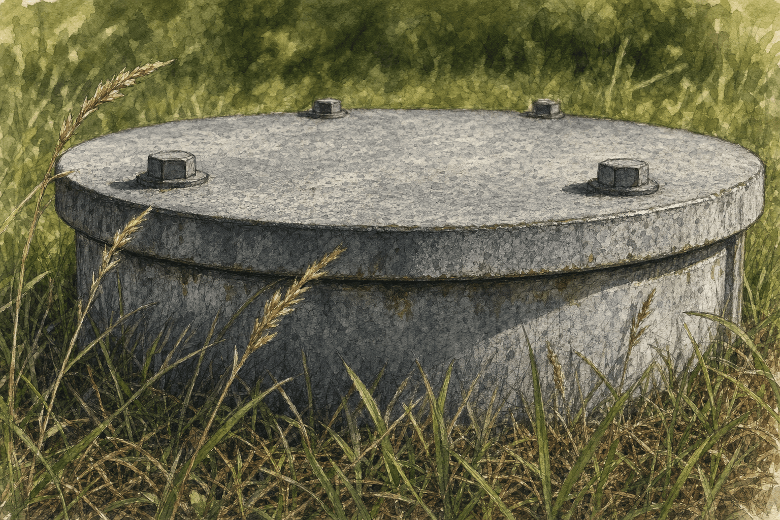 A hand-drawn editorial sketch of a plain galvanized well cap sitting a few inches above overgrown grass, seen extremely close up from ground level…