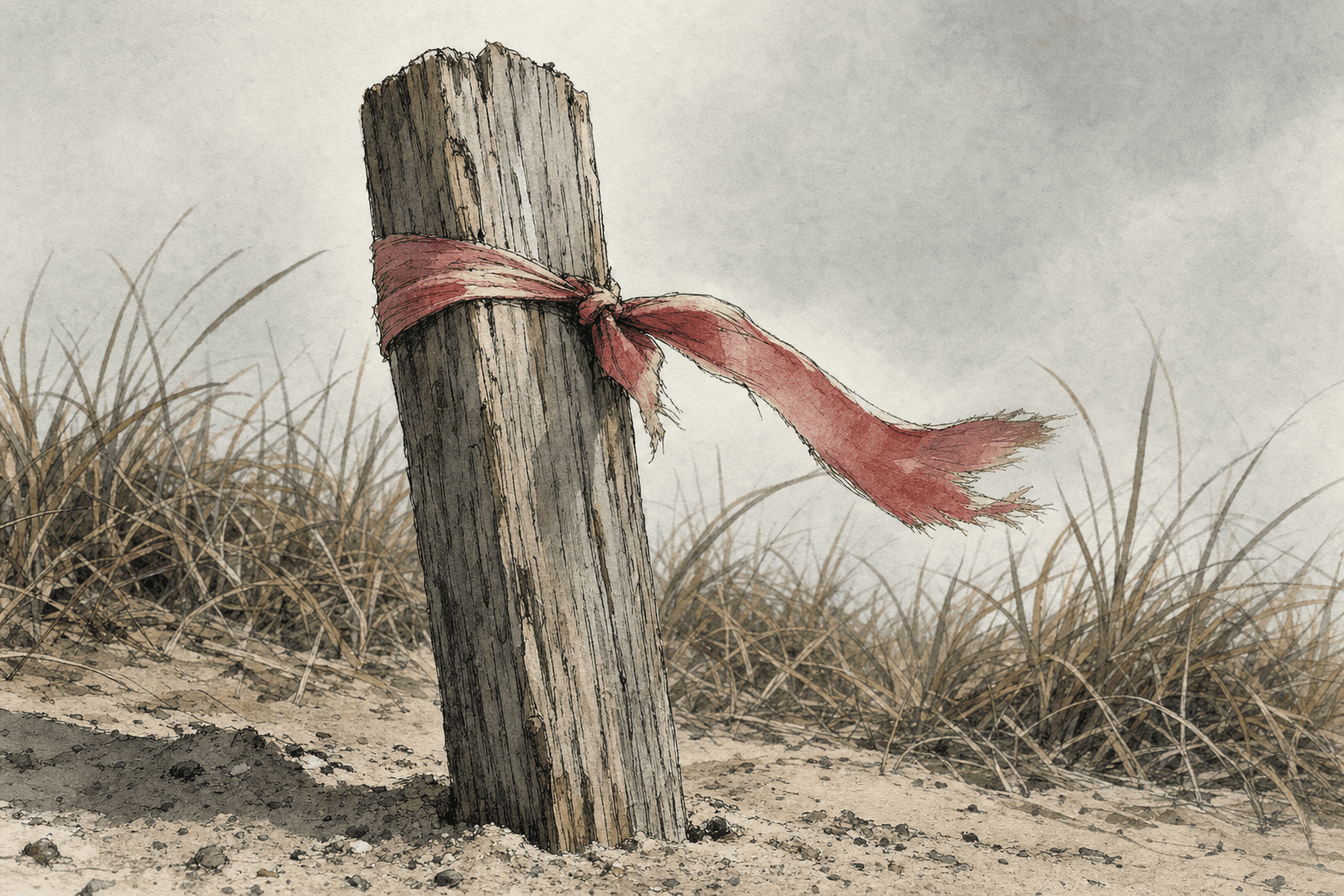 A hand-drawn editorial sketch of a weathered wooden surveyor's stake driven into sandy soil, seen extremely close up from just above ground level, a…