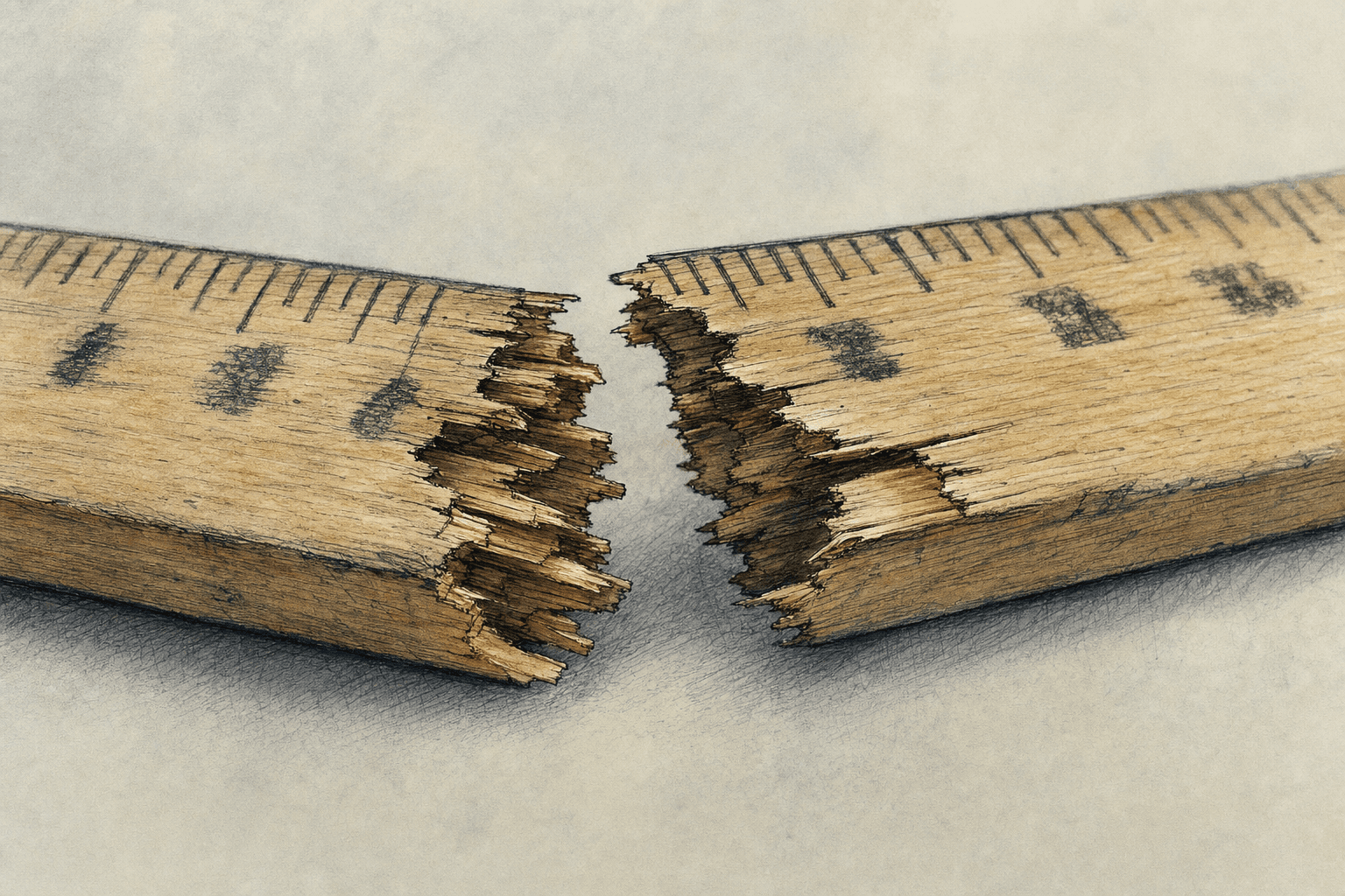 A hand-drawn editorial sketch of a single wooden ruler lying across a plain surface with its measuring edge stopping abruptly at a broken end, seen…