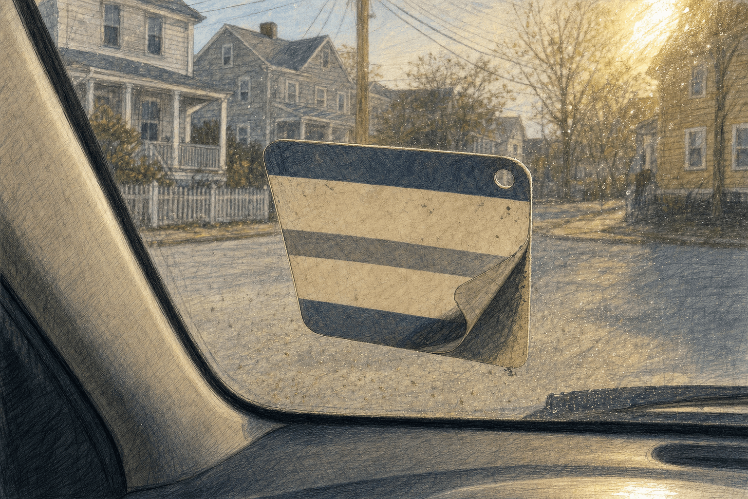 A hand-drawn editorial sketch of a single small adhesive vehicle permit sticker curling at one corner on the inside of a car windshield, seen…