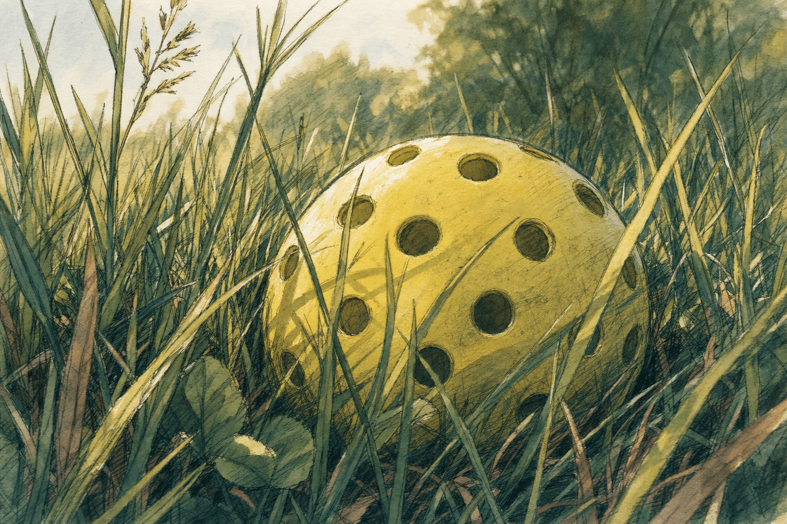 A hand-drawn editorial sketch of a single pickleball resting in tall unmowed grass, seen extremely close from just above ground level so the ball's…