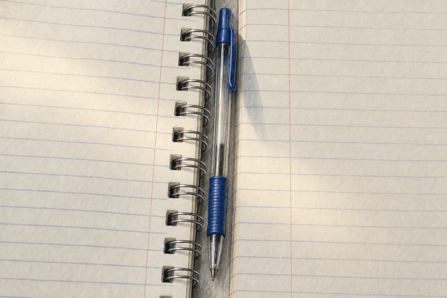 A hand-drawn editorial sketch of a single cheap ballpoint pen resting in the narrow gutter of an open spiral notebook, seen extremely close up from…
