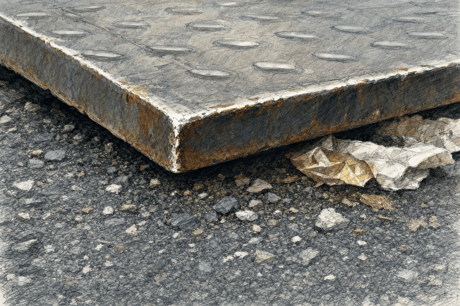 A hand-drawn editorial sketch of the corner of a heavy steel road plate lying over asphalt, seen extremely close from just above pavement level so…