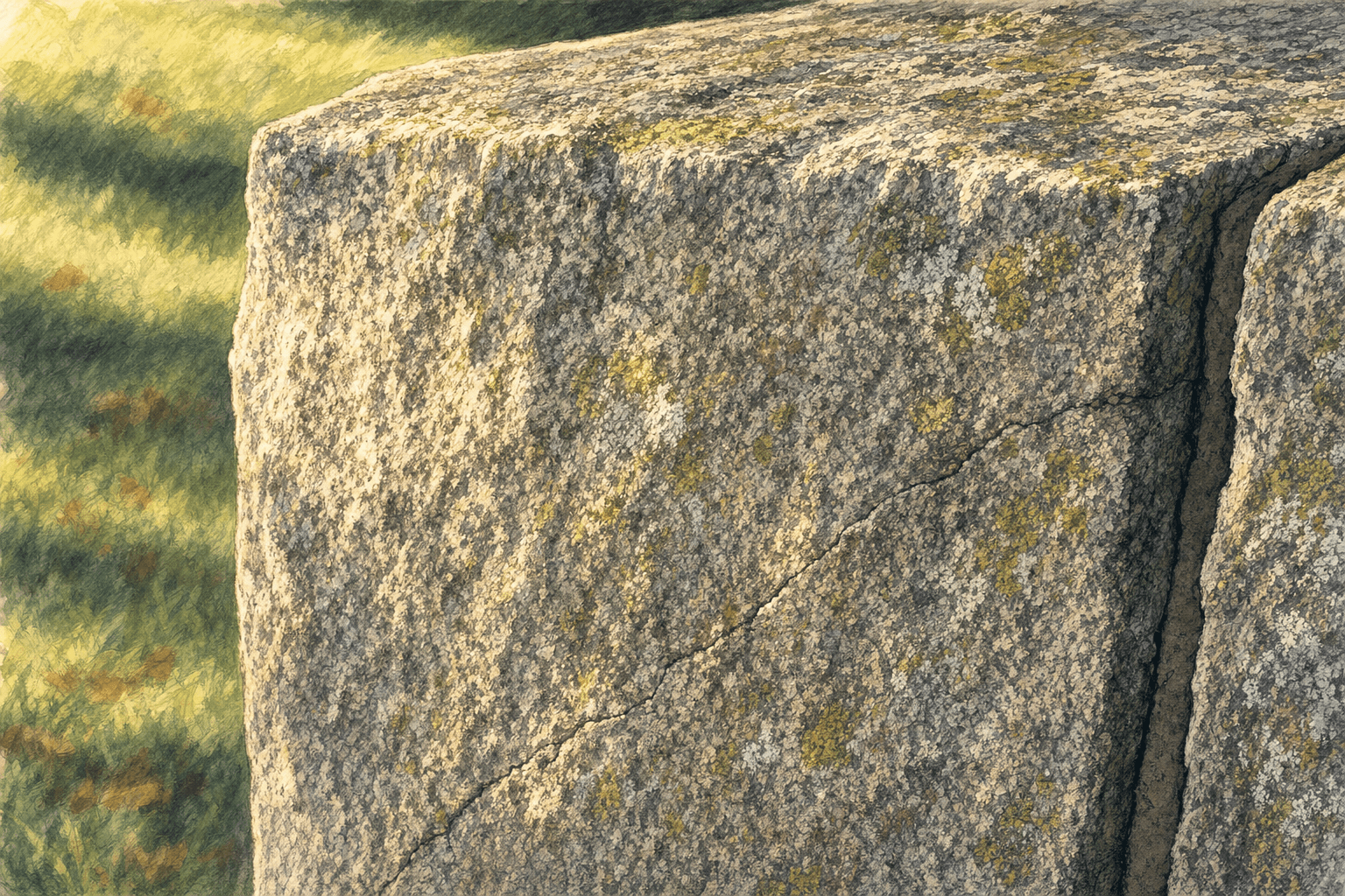 A hand-drawn editorial sketch of a single weathered granite block, its quarried face rough and streaked with lichen, seen extremely close up so the…