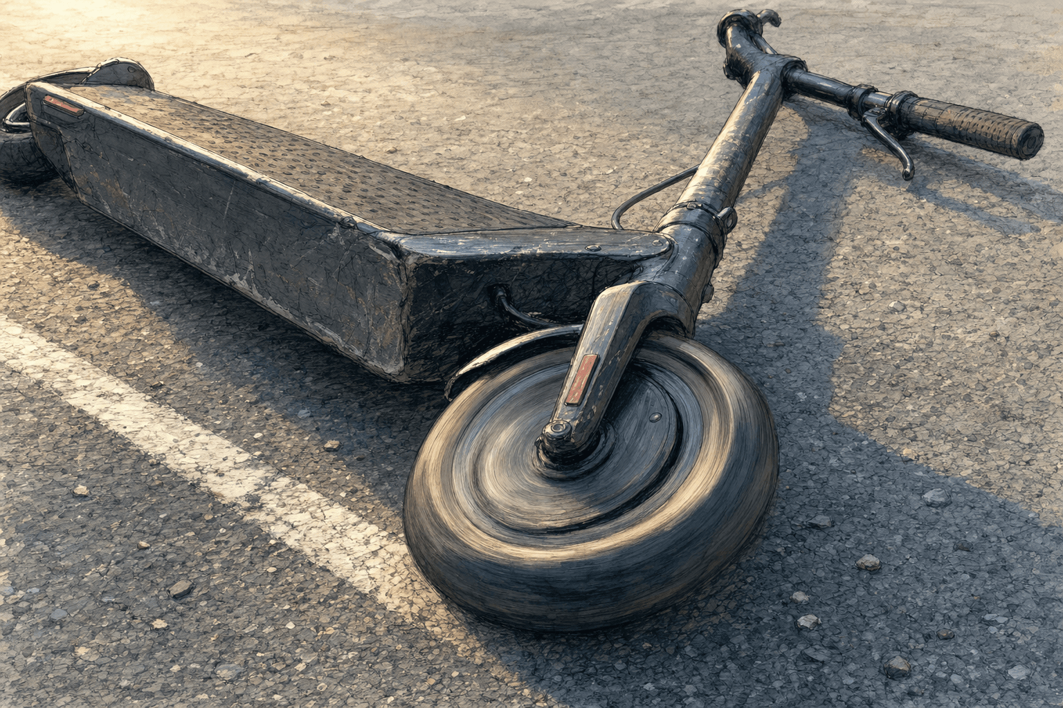 A hand-drawn editorial sketch of a single electric scooter lying on its side on empty asphalt, seen extremely close from ground level so the scuffed…