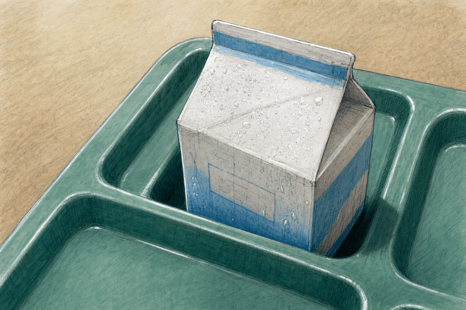 A hand-drawn editorial sketch of a child's lunch tray compartment holding a single carton of milk, seen extremely close from just above the tray so…