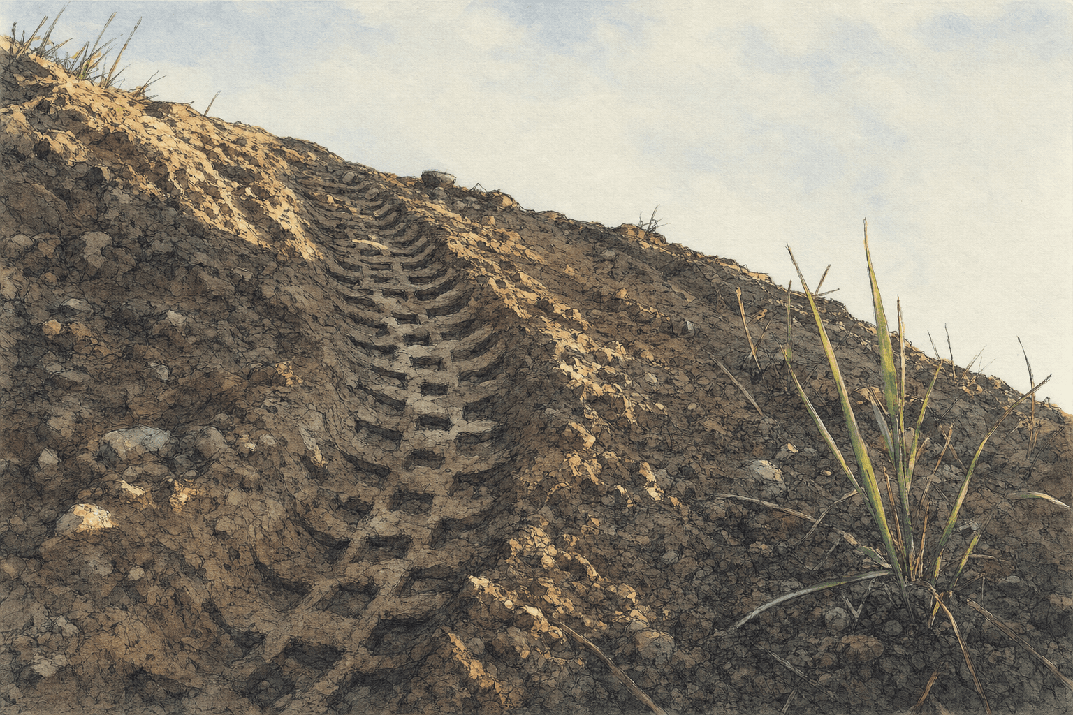 A hand-drawn editorial sketch of a child's bicycle tire track pressed into a steep slope of loose bare dirt, seen extremely close from ground level…