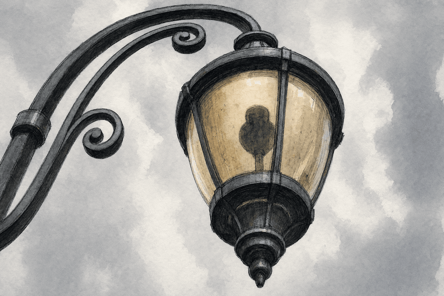 A hand-drawn editorial sketch of a single decorative streetlamp arm and glass lantern head seen extremely close up from directly below against an…