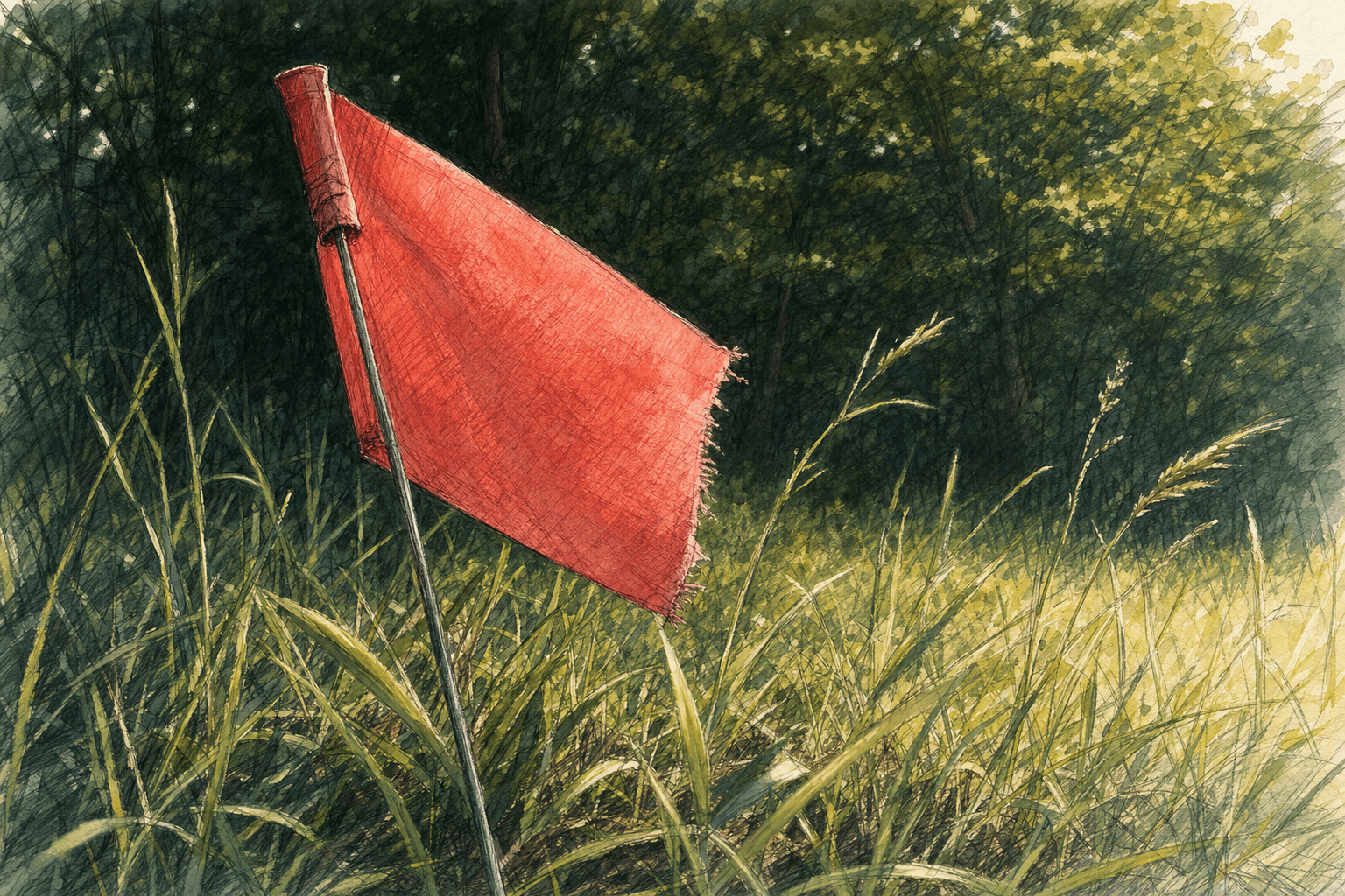 A hand-drawn editorial sketch of a single surveyor's pin flag on a thin wire staff leaning in tall summer grass at the edge of an unbroken tree…
