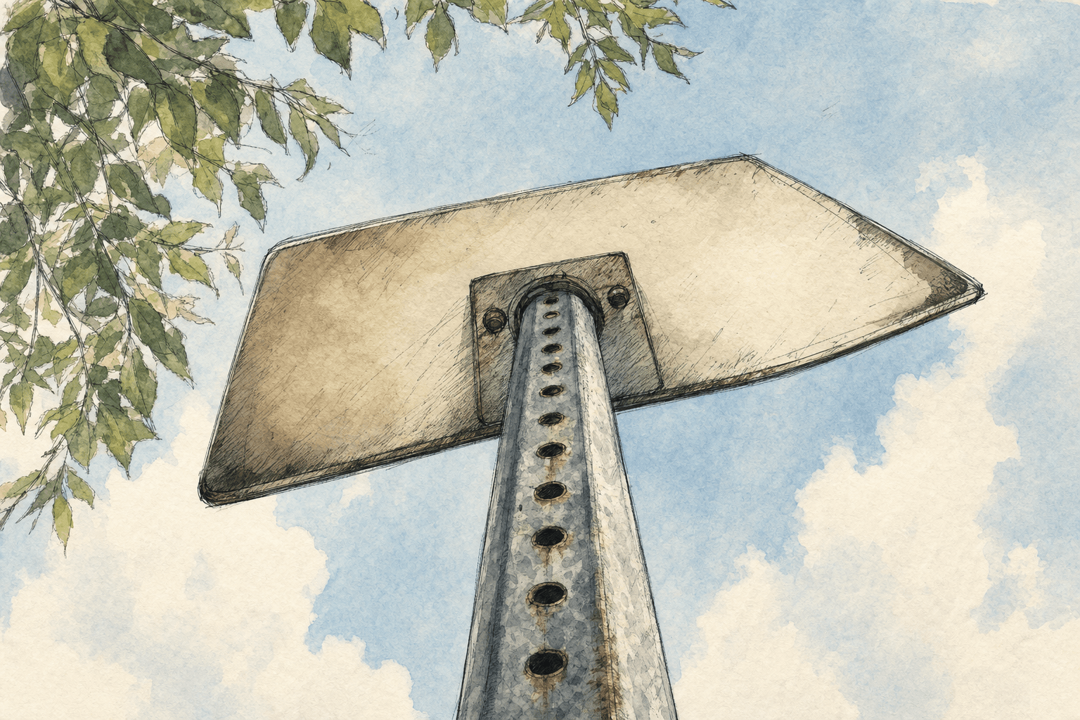 A hand-drawn editorial sketch of a single dead-end road sign post seen from directly beneath, its blank arrow-shaped plate tilting against a pale…