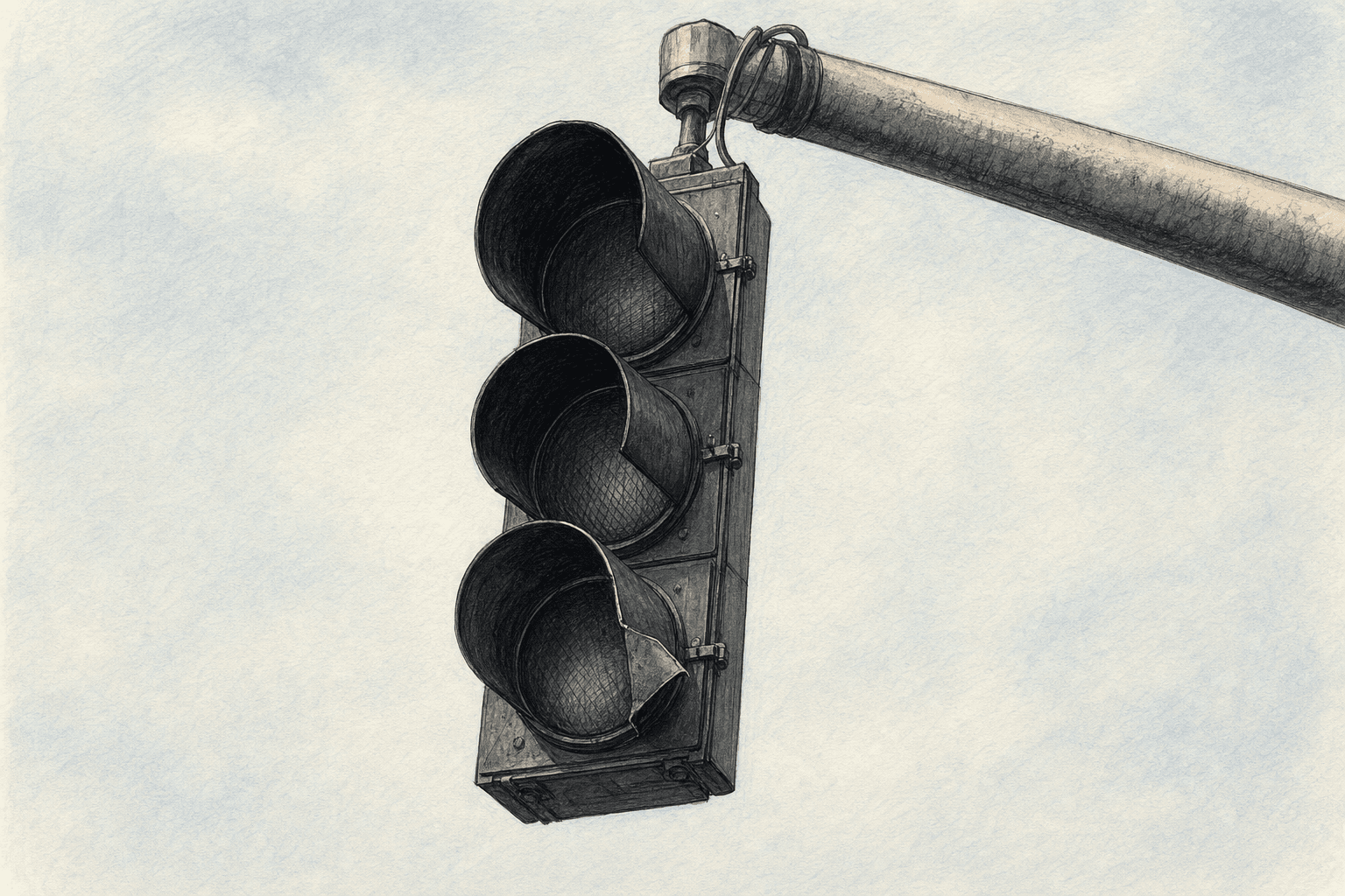 A hand-drawn editorial sketch of a single dark, unlit traffic signal head hanging from a plain mast arm, seen close up from below against an empty…
