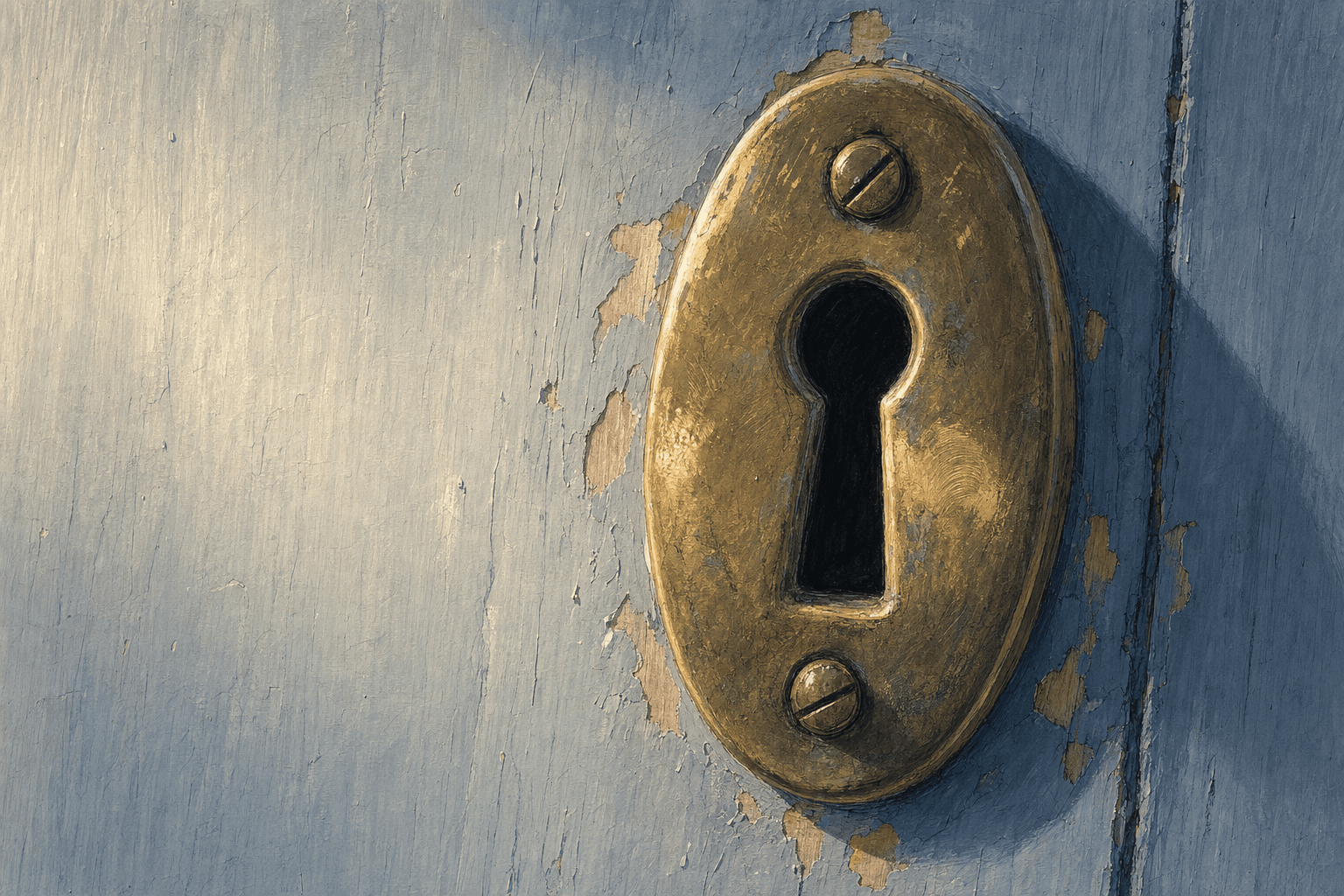A hand-drawn editorial sketch of a single old-fashioned brass keyhole escutcheon on a plain painted door, seen extremely close up and slightly…