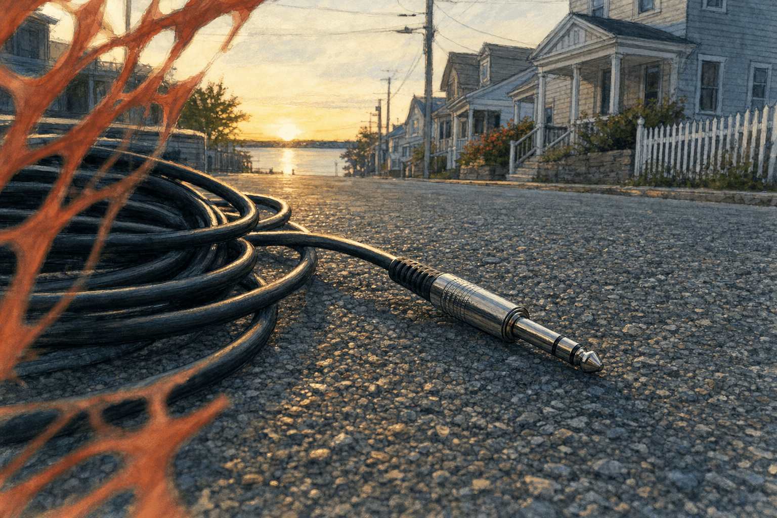 A hand-drawn editorial sketch of a single unplugged DJ mixer cable coiled on empty asphalt, its metal jack lying loose and disconnected, seen…