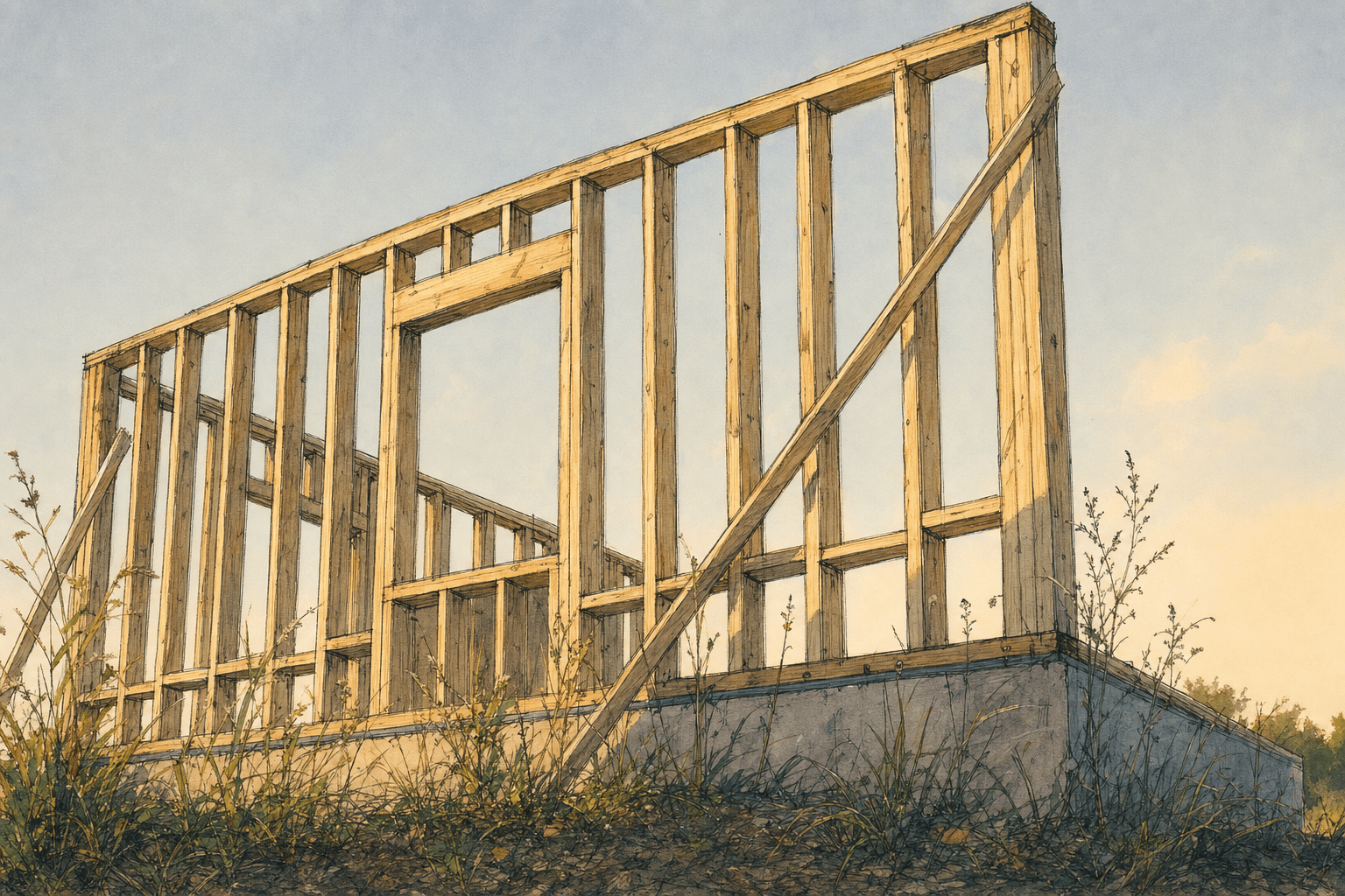 A hand-drawn editorial sketch of a single wooden house-frame stud wall partly raised on a bare foundation slab, seen close up from ground level with…
