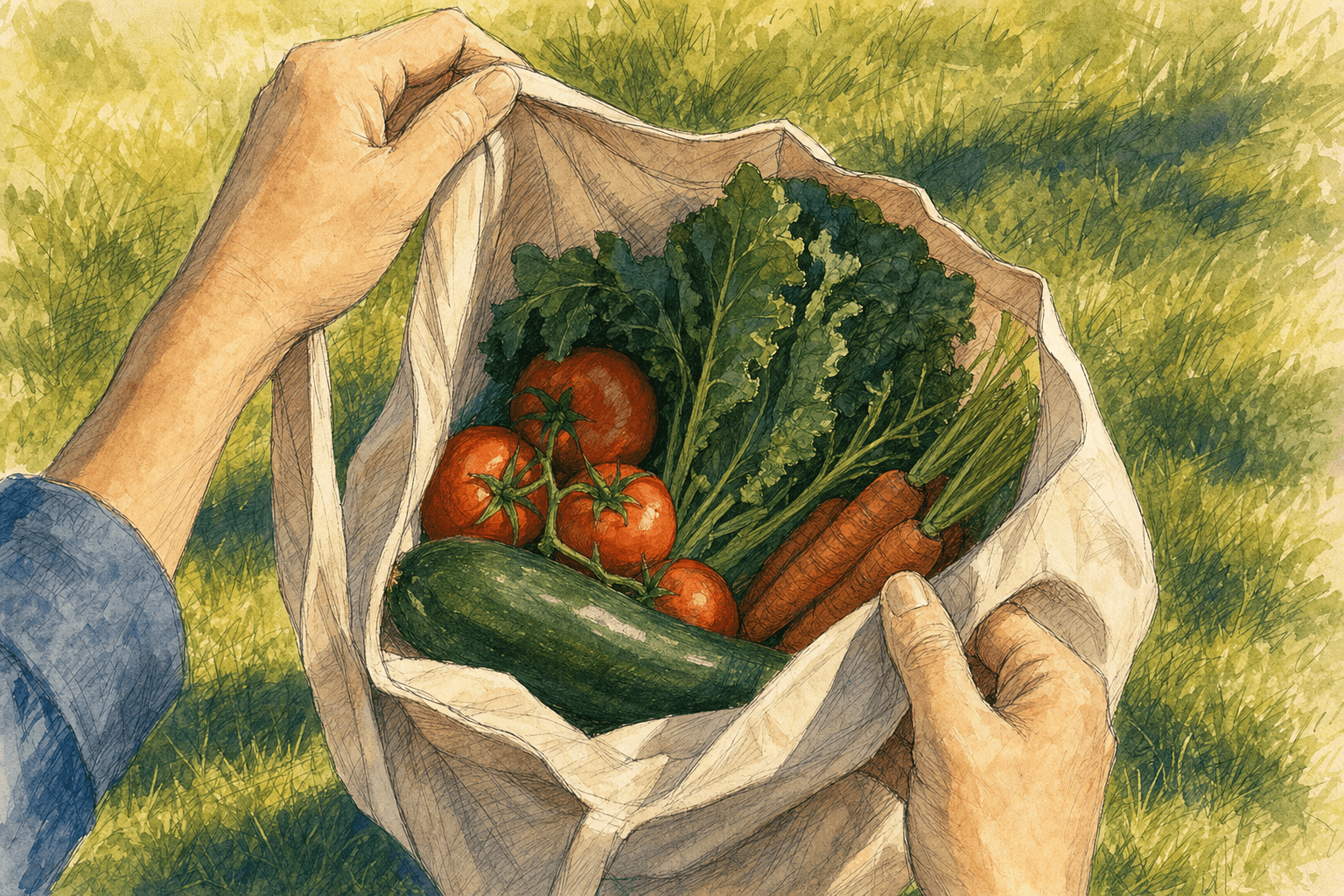 A hand-drawn editorial sketch of a single reusable cloth grocery bag held open in an anonymous pair of hands, a few vegetables visible inside, seen…
