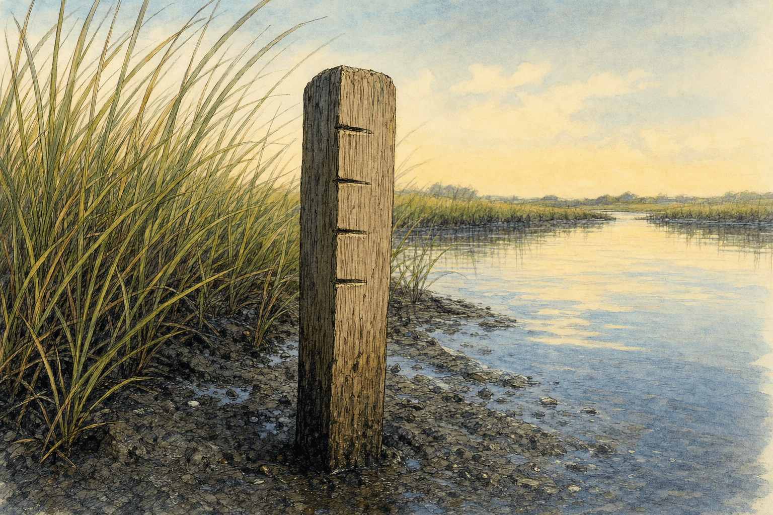 A hand-drawn editorial sketch of a single wooden tide gauge stake driven into coastal mud at the edge of tall marsh grass, seen close up from a low…