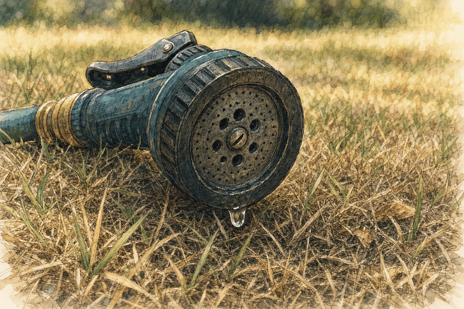 A hand-drawn editorial sketch of a single garden hose nozzle lying idle in dry, sun-bleached grass, a last drop of water hanging from its tip, seen…
