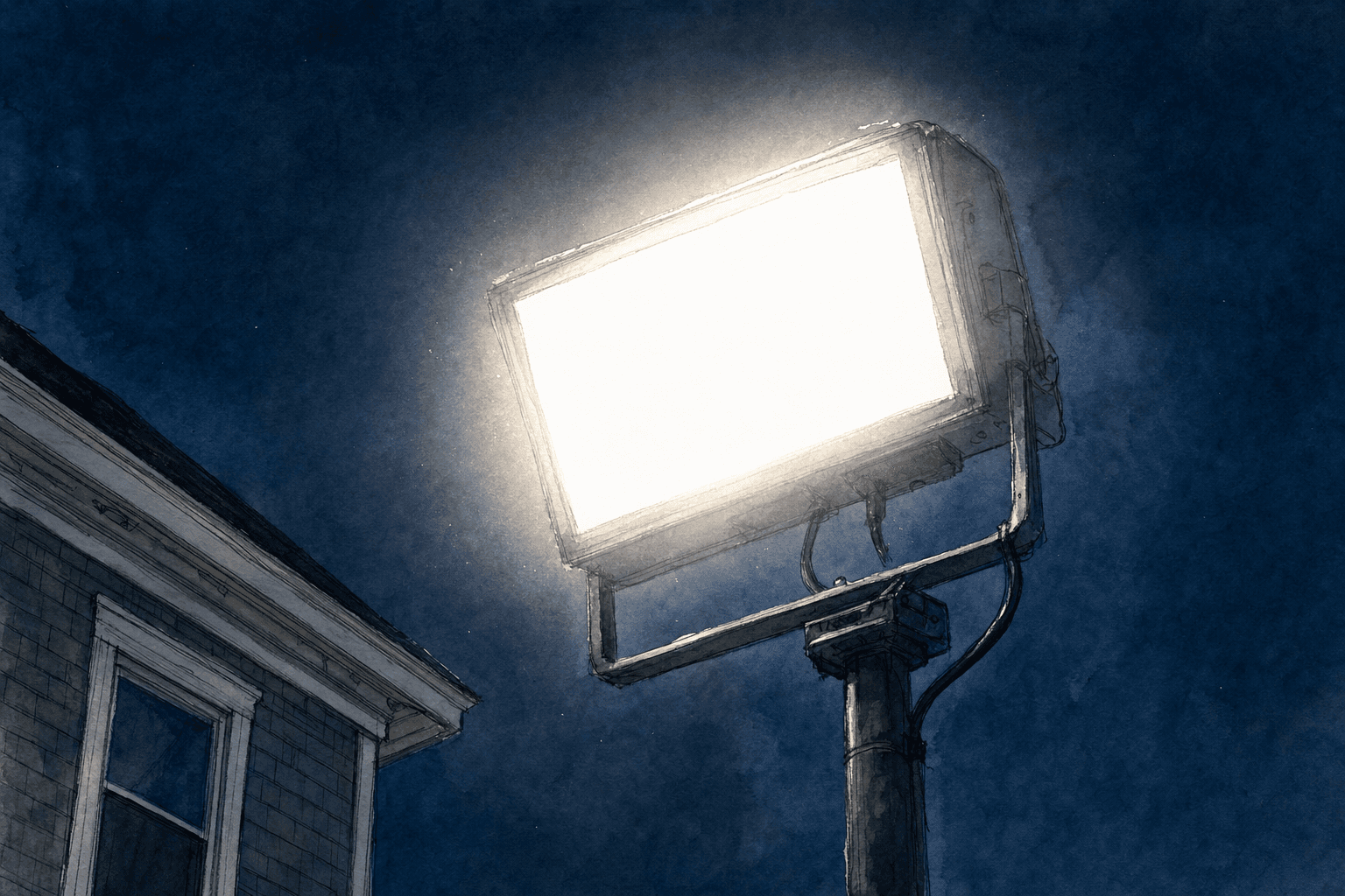 A hand-drawn editorial sketch of a single bright rectangular light panel glowing against a dark night sky, seen close up and slightly from below,…